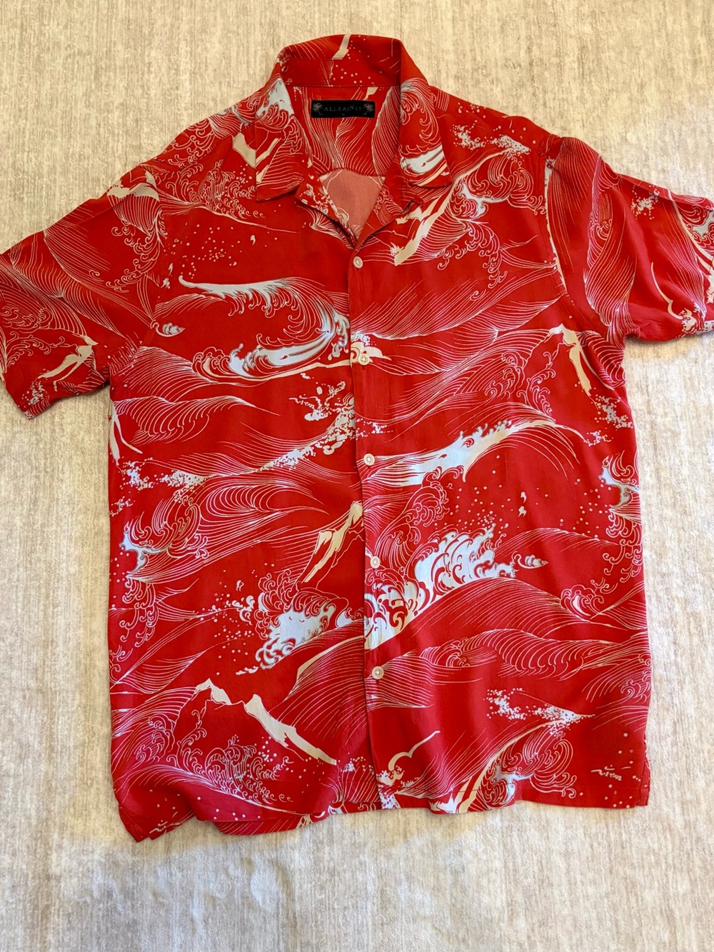 All Saints Men's Button Down Shirt Waves, Camp Collar Size: Medium